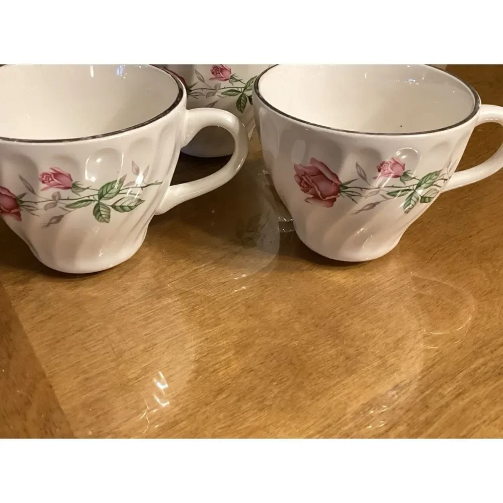 Set of 3 White China with Rose Print Tea/Coffee Cups